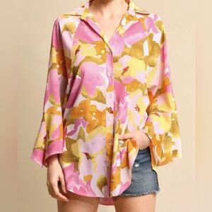 GiGiO Plus Button-up Romantic Whimsical Floral Top Blouse, Size 1XL